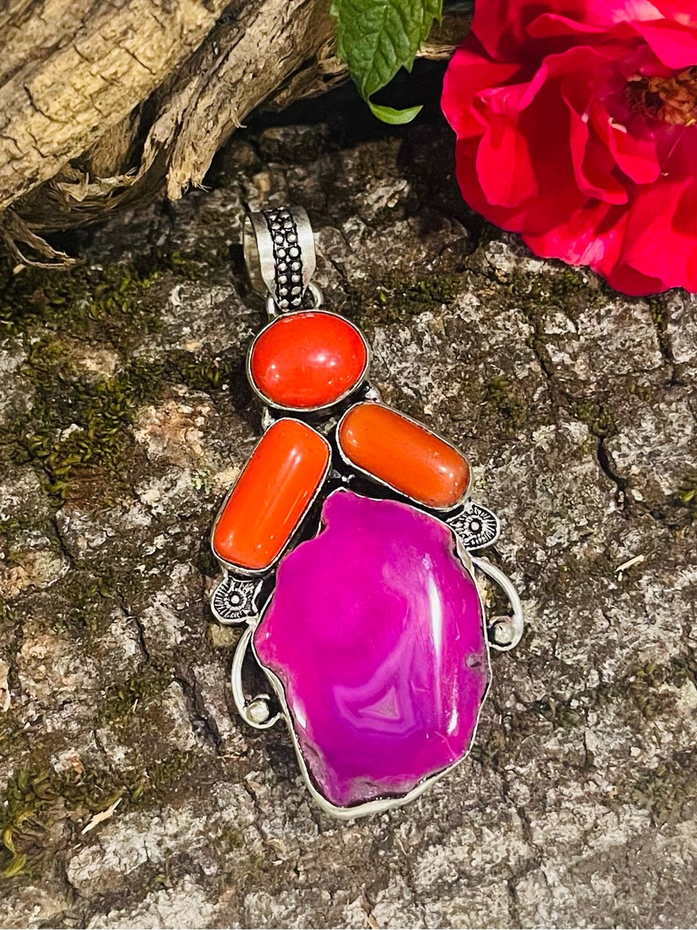 Solar Agate Coral 925 Sterling Silver Pendant